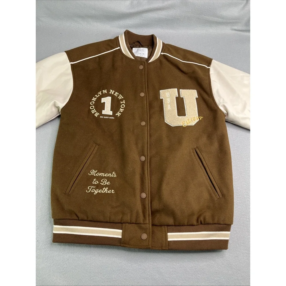 Zara Girls Letterman Snap Button PATCH VARSITY BROWN JACKET Size 13-14